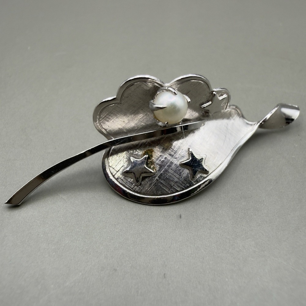 Vintage Rich-King 1/20 12KGF Silver Tone Star Leaf Pearl Brooch Pin